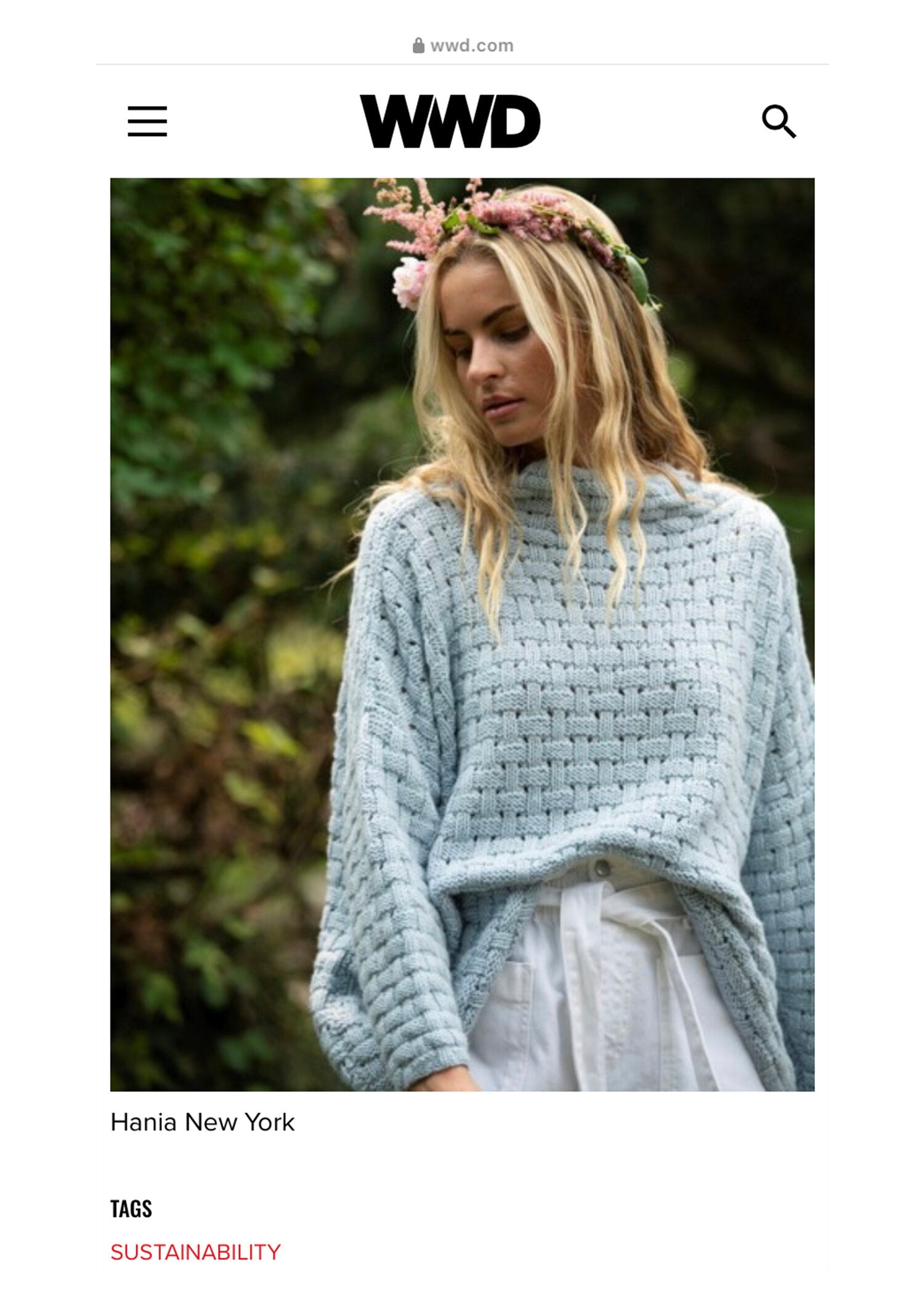 Women's Wear Daily Magazine featuring Hania New York in NYCSustainableFashion Show 2021